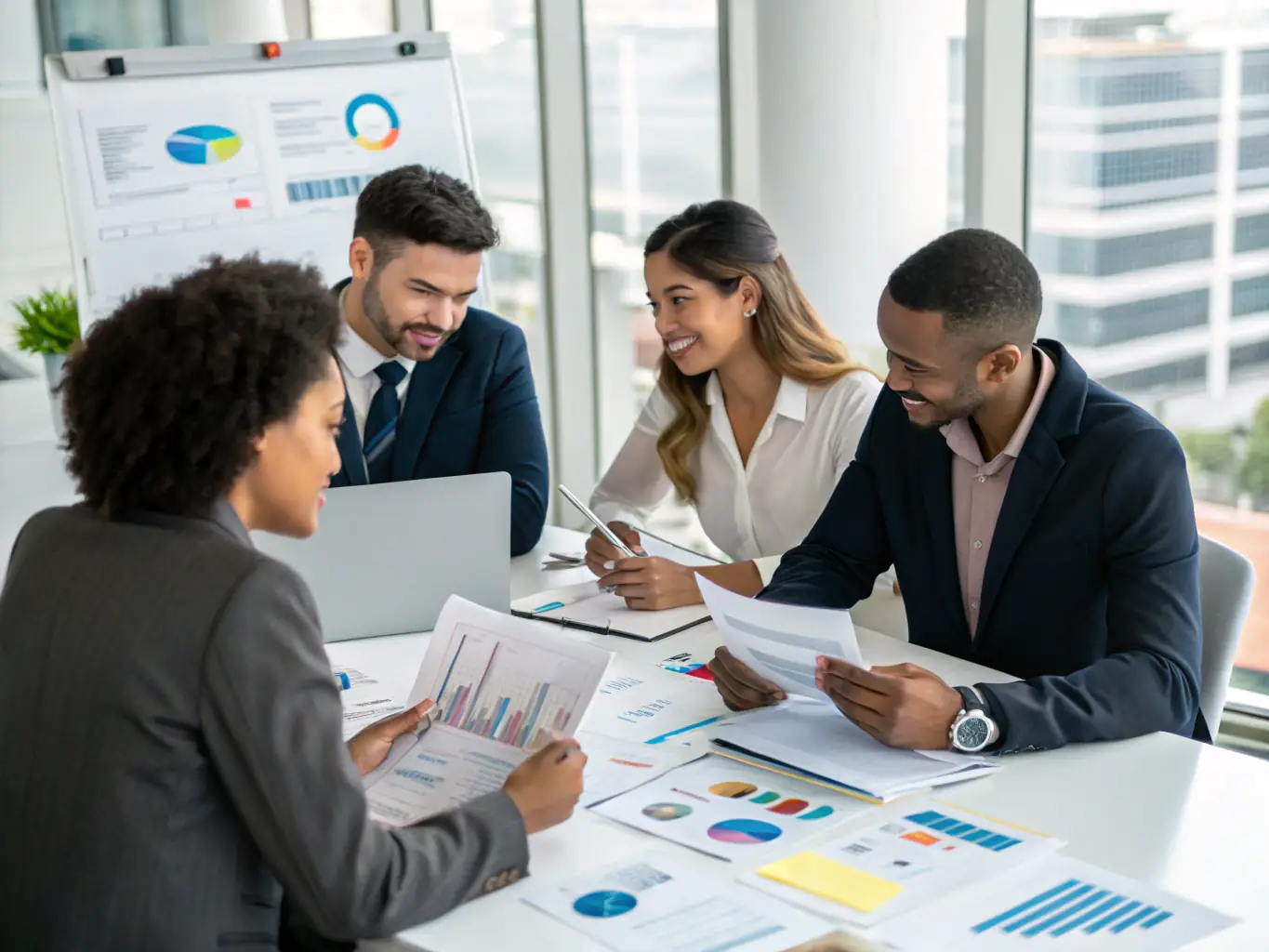 An image depicting a diverse team of financial experts collaborating in a modern, high-tech office, symbolizing AMID Investment's expertise and collaborative approach.