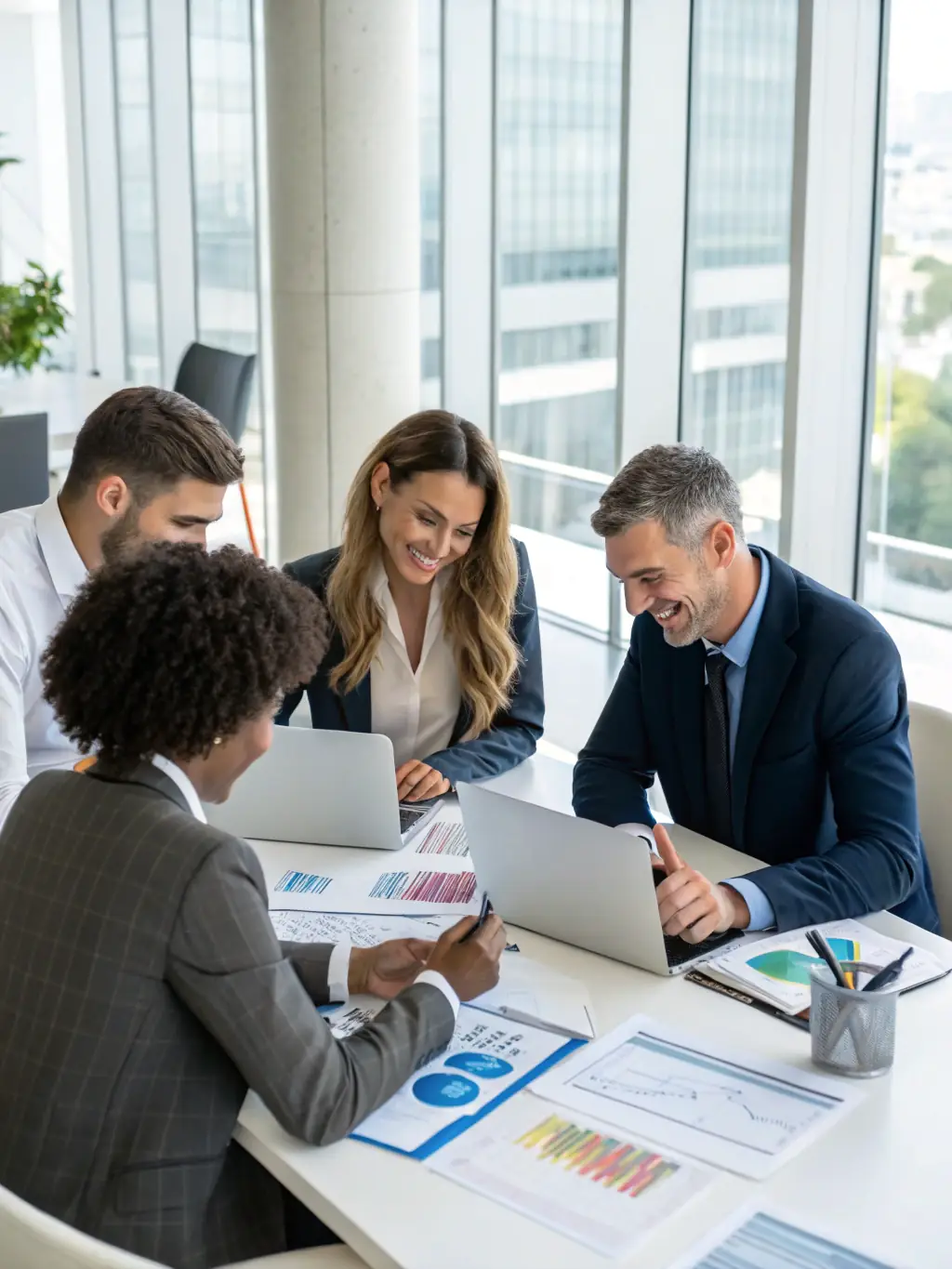 An image of a financial advisor discussing investment portfolios with clients in a modern office setting, representing Global Asset & Wealth Management at AMID Investment.