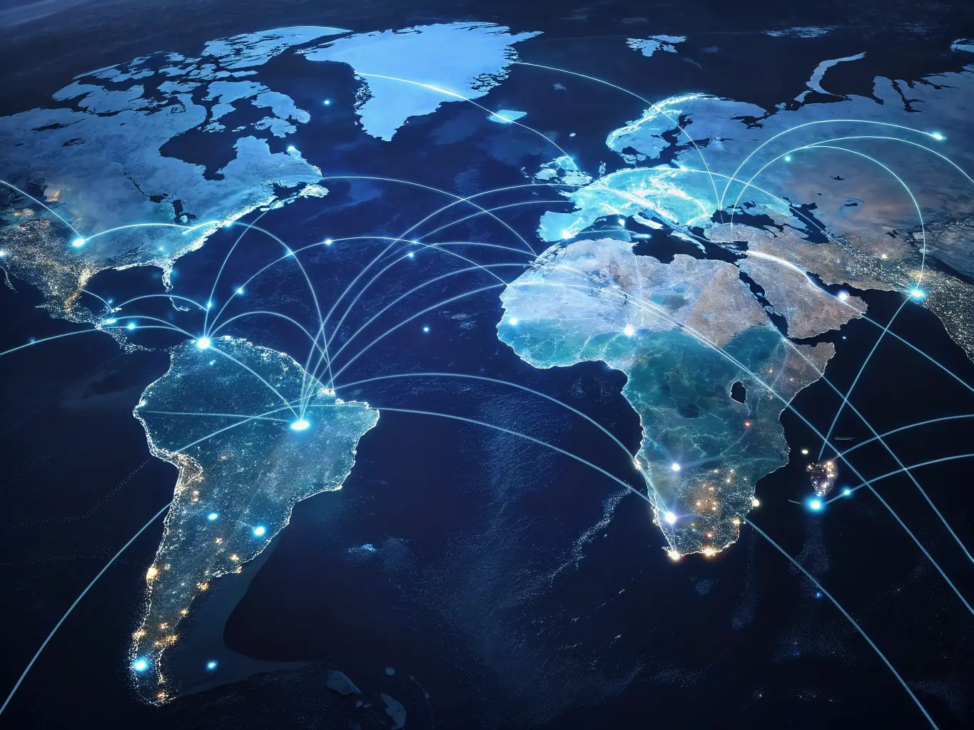 An image showcasing a world map with interconnected nodes, representing AMID Investment's global reach and network.
