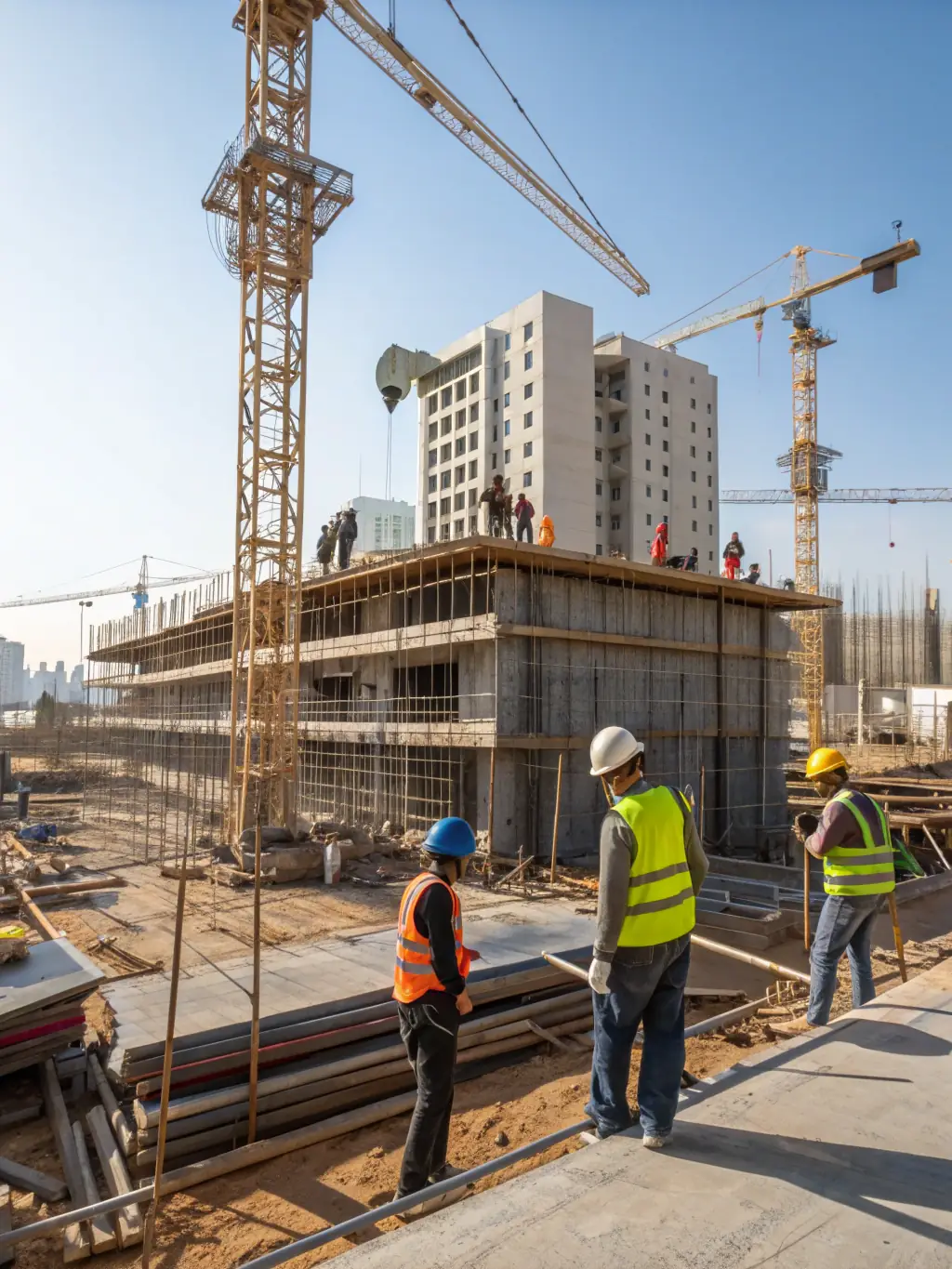 An image of a modern commercial building under construction with cranes and workers, illustrating Real Estate & Infrastructure Finance at AMID Investment.