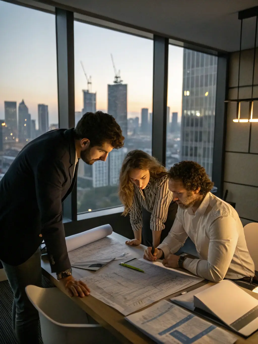 An image of a business team reviewing financial documents and project plans, representing Corporate & Project Financing at AMID Investment.