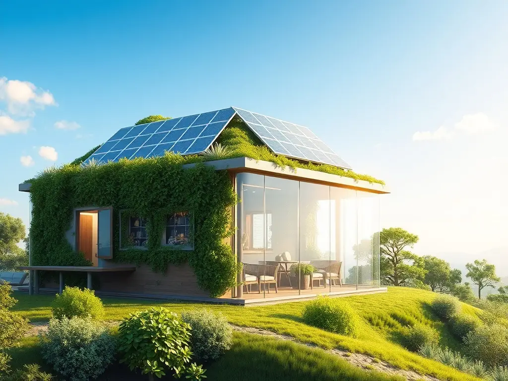 An architectural rendering of a modern, eco-friendly building complex, highlighting sustainable real estate and infrastructure development.